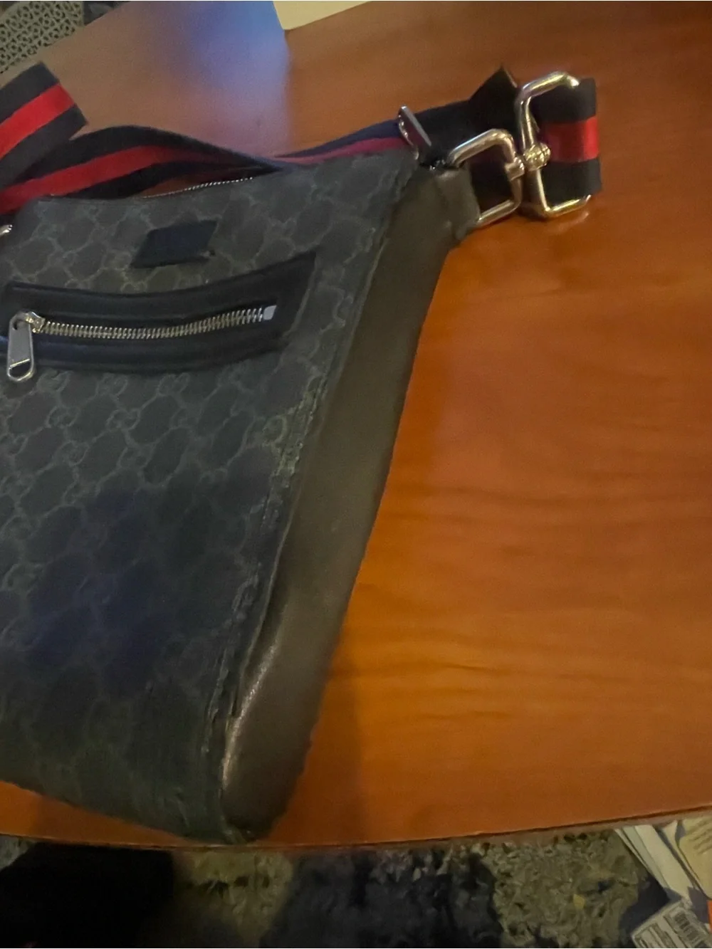 Gucci Navy Monogram Messenger Bag with Red-Blue Web Strap